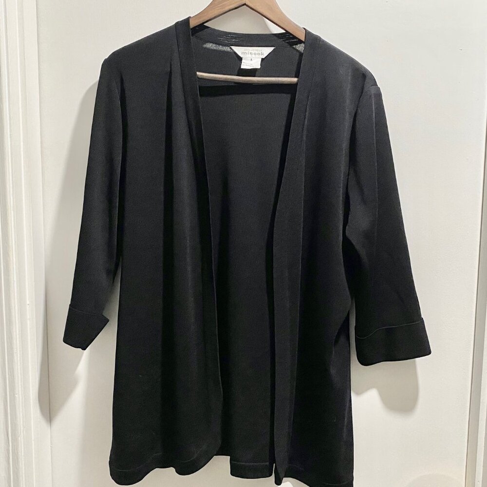 12) Misook Quiet Luxury Minimalist Preppy Rib Knit Open Front Sweater Cardigan L